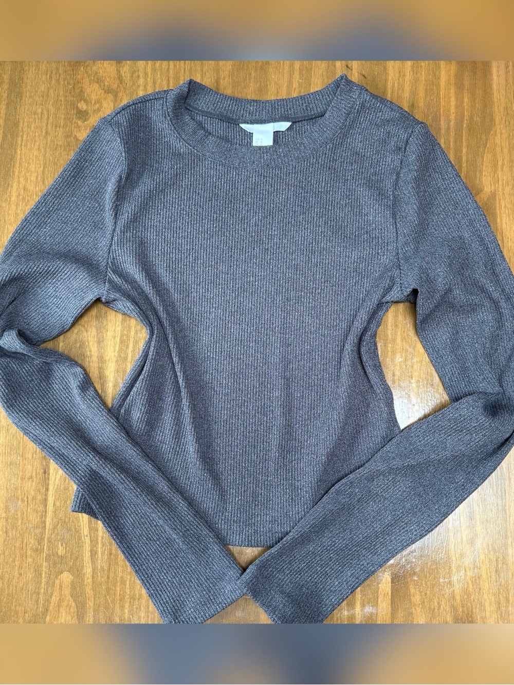 H&M Grey Ribbed Long Sleeve Crew Neck Top Size Medium